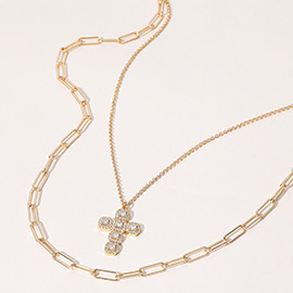 Stone Cluster Cross Pendant Pointed Paperclip Chain Layered Necklace