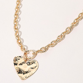 Textured Metal Heart Pendant Chunky Chain Necklace
