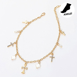 Cross Pearl Quatrefoil Charm Station Anklet