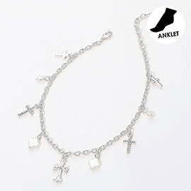 Cross Pearl Quatrefoil Charm Station Anklet