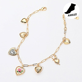 Floral Printed Ceramic Metal Stone Heart Charm Station Anklet