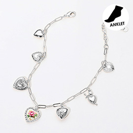 Floral Printed Ceramic Metal Stone Heart Charm Station Anklet