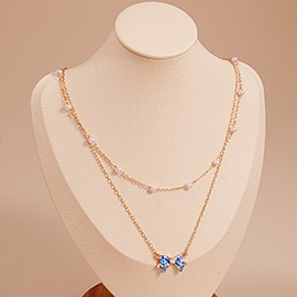 Stone Pointed Enamel Floral Bow Pendant Accented Pearl Station Chain Layered Choker Necklace