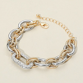 Stone Paved Oval Ring Pointed Two Tone Metal Link Bracelet