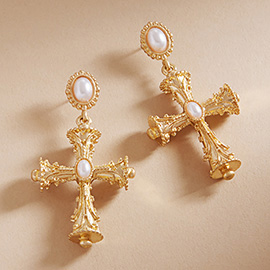 Pearl Pointed Textured Metal Cross Dangle Earrings