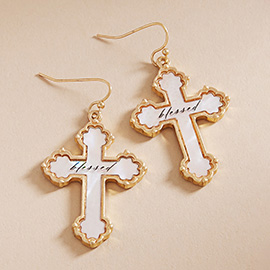 BLESSED Message Mother of Pearl Cross Dangle Earrings