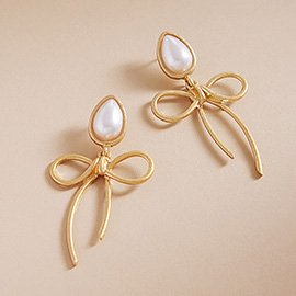 Pearl Pointed Metal Bow Dangle Earrings