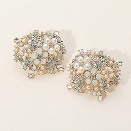 Flower Pearl Stone Embellished Cluster Earrings