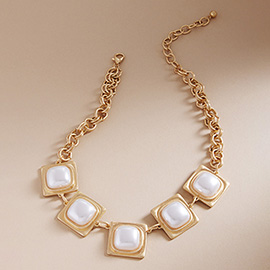 Retro Square Pearl Frame Statement Necklace