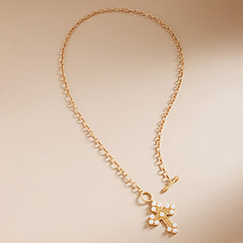 Pearl Accented Cross Pendant Toggle Long Necklace