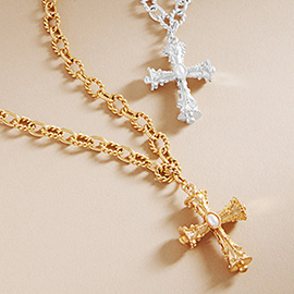 Pearl Pointed Cross Pendant Textured Metal Chain Necklace