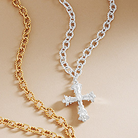 Pearl Pointed Cross Pendant Textured Metal Chain Necklace