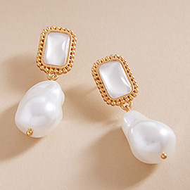 Rectangle Frame Natural Pearl Drop Dangle Earrings
