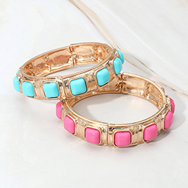 Square Bead Embellished Hammered Metal Stretch Bracelet