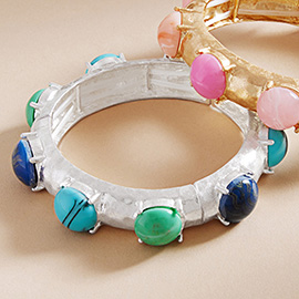Natural Round Stone Pointed Brushed Metal Stretch Bracelet