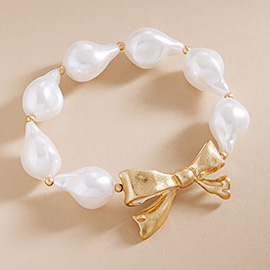 Metal Bow Pointed Teardrop Pearl Beaded Stretch Bracelet