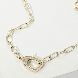 14K Gold Plated CZ Stone Paved Lobster Clasp Paperclip Chain Necklace