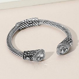 Heart Stone Tip Antique Metal Hinged Cuff Bracelet