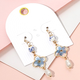 Flower Quatrefoil Pearl Link Drop Earrings