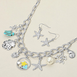 Starfish Sea Turtle Sea Shell Pearl Charm Station Statement Necklace