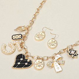 Pearl Stone Embellished Number Five Bow Heart Owl Charm Station Necklace