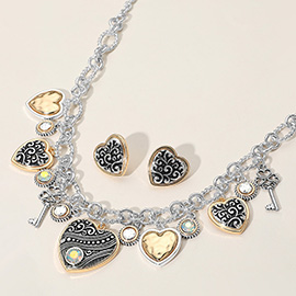 Two Tone Antique Metal Heart Clover Key Stone Charm Station Necklace