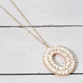 Cylinder Beaded Oval Ring Pendant Long Necklace