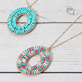 Cylinder Beaded Oval Ring Pendant Long Necklace