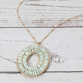 Cylinder Beaded Oval Ring Pendant Long Necklace