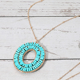 Cylinder Beaded Oval Ring Pendant Long Necklace