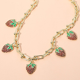 14K Gold Plated CZ Stone Paved Strawberry Charm Station Chunky Hardware Chain Necklace