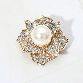 Stone Paved Pearl Flower Pin Brooch