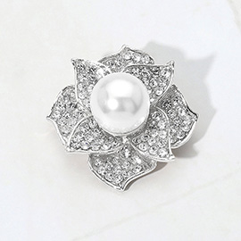 Stone Paved Pearl Flower Pin Brooch