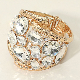 Round Teardrop Oval Stone Embellished Wide Hinged Bangle Bracelet