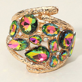 Round Teardrop Oval Stone Embellished Wide Hinged Bangle Bracelet