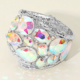 Round Teardrop Oval Stone Embellished Wide Hinged Bangle Bracelet