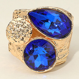 Bold Faceted Teardrop Round Stone Wide Hinged Bangle Bracelet