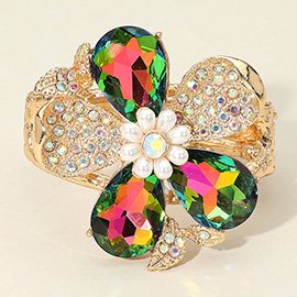 Glass Stone Pearl Embellished Flower Hinged Bangle Bracelet