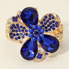 Glass Stone Pearl Embellished Flower Hinged Bangle Bracelet