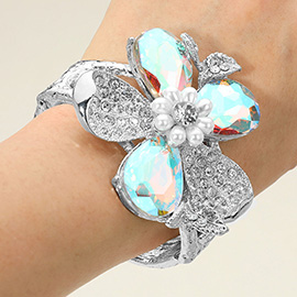 Glass Stone Pearl Embellished Flower Hinged Bangle Bracelet