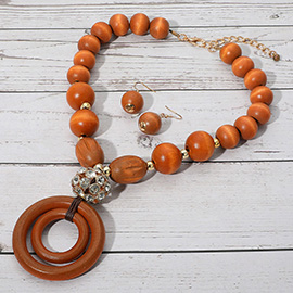 Chunky Wooden Ball Beaded Rhinestone Accent Boho Statement Necklace