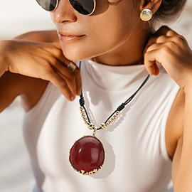 Bold Resin Pendant Faux Leather Thread Necklace