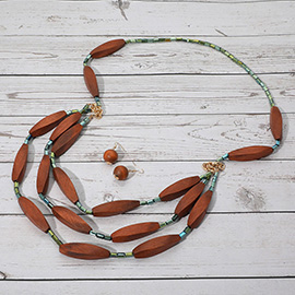 Boho Wood Bead Layered Statement Long Necklace