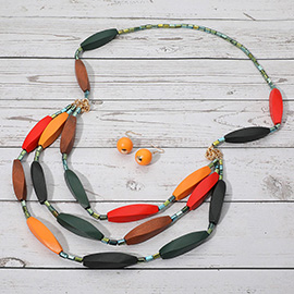 Boho Wood Bead Layered Statement Long Necklace
