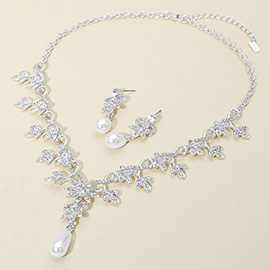Stone Paved Vine Teardrop Pearl Dangle Evening Necklace
