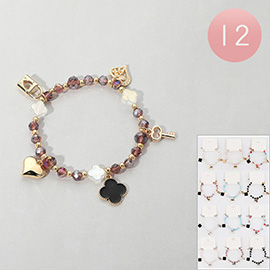 12PCS - Quatrefoil Heart Lock Key Charm Faceted Beaded Stretch Bracelets