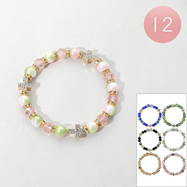 12PCS - Stone Paved Cross Pearl Beaded Stretch Bracelets