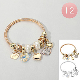 12PCS - Stone Paved Metal LOVE Engraved Stone Heart Pearl Beaded Stretch Bracelets