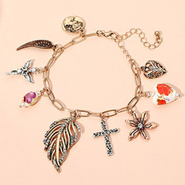 Leaf Flower Angel Cross Heart Wing Charm Station Paperclip Chain Bracelet