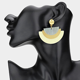 Geometric Wooden Metal Resin Layered Fan Plate Dangle Earrings